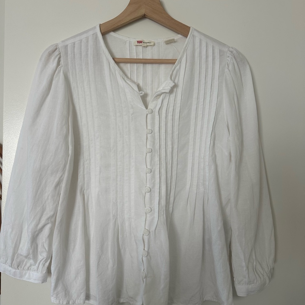 Levis Blouse Womens SXWhite Band Collar 3/4 Sleeve Prairie Peasant - Picture 2 of 6